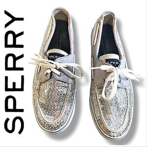 SPERRY TOP SIDERS in Silver Sequin & beige SZ 7.5